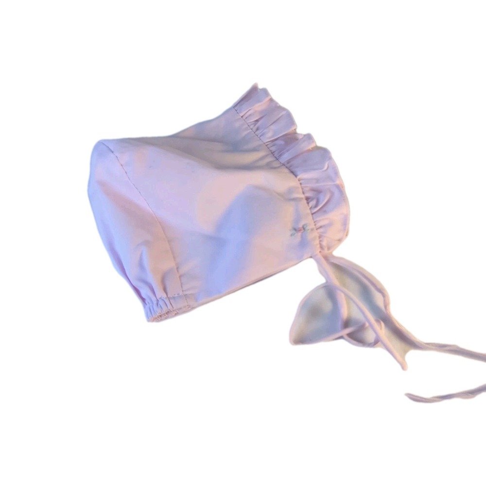 Pink Satin Cotton Blend Baby Bonnet with Ruffle Embroidered Accent, 3M